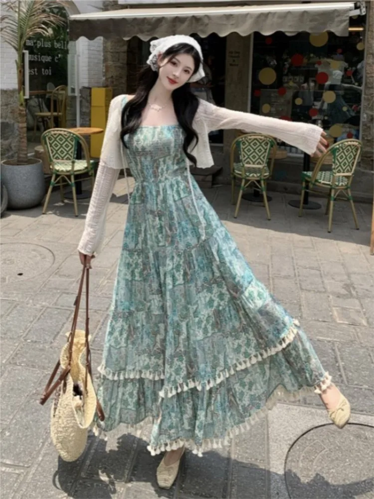 Large-sized halter waist-cinching word skirt chubby chiffon floral print heavy industry
