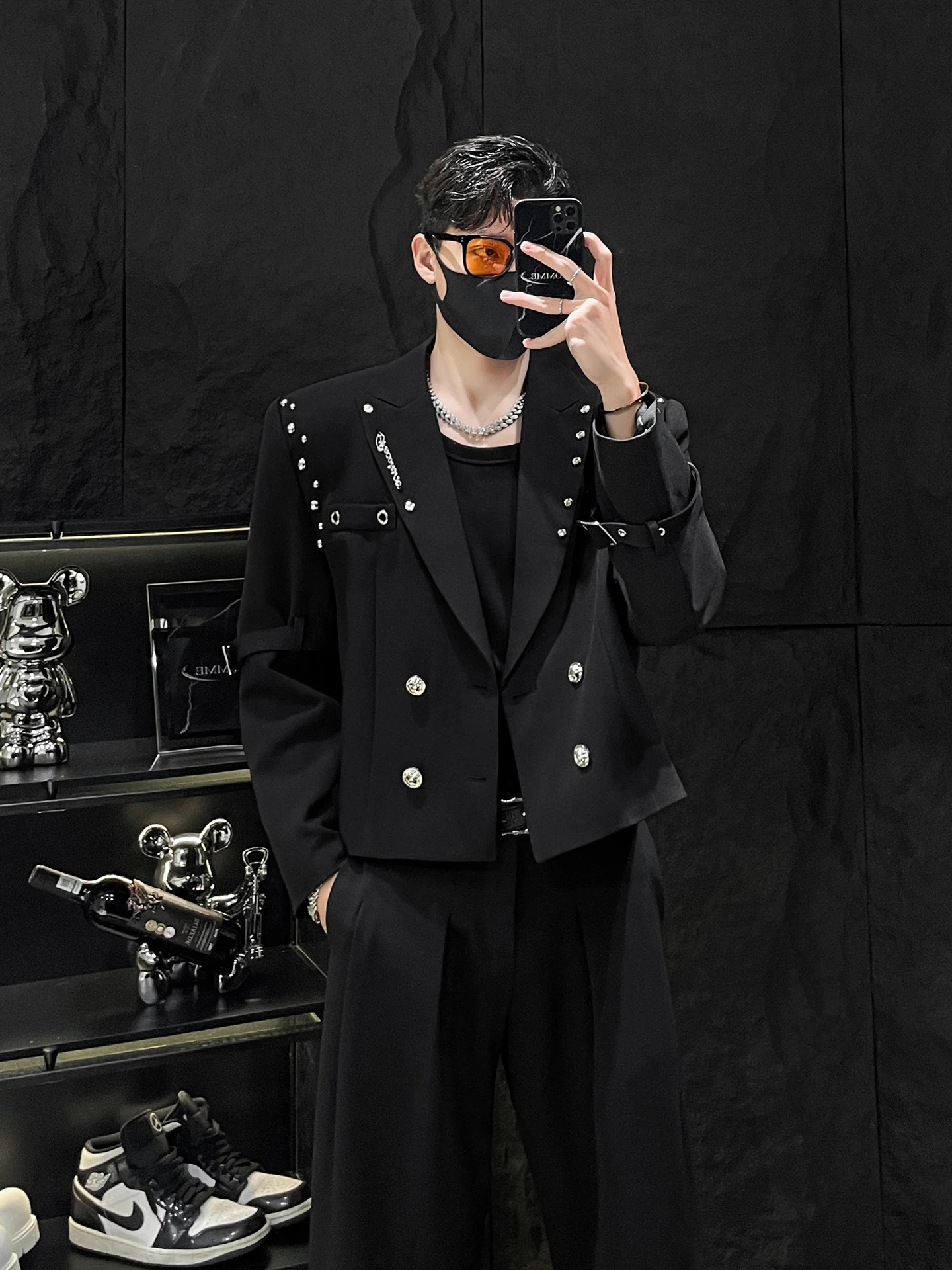 

HOMME Rivet ort Casual Men's Suit Jaet No Limit Mirror Design Faionable Pad oulder Leisure Sle Metal Decoration