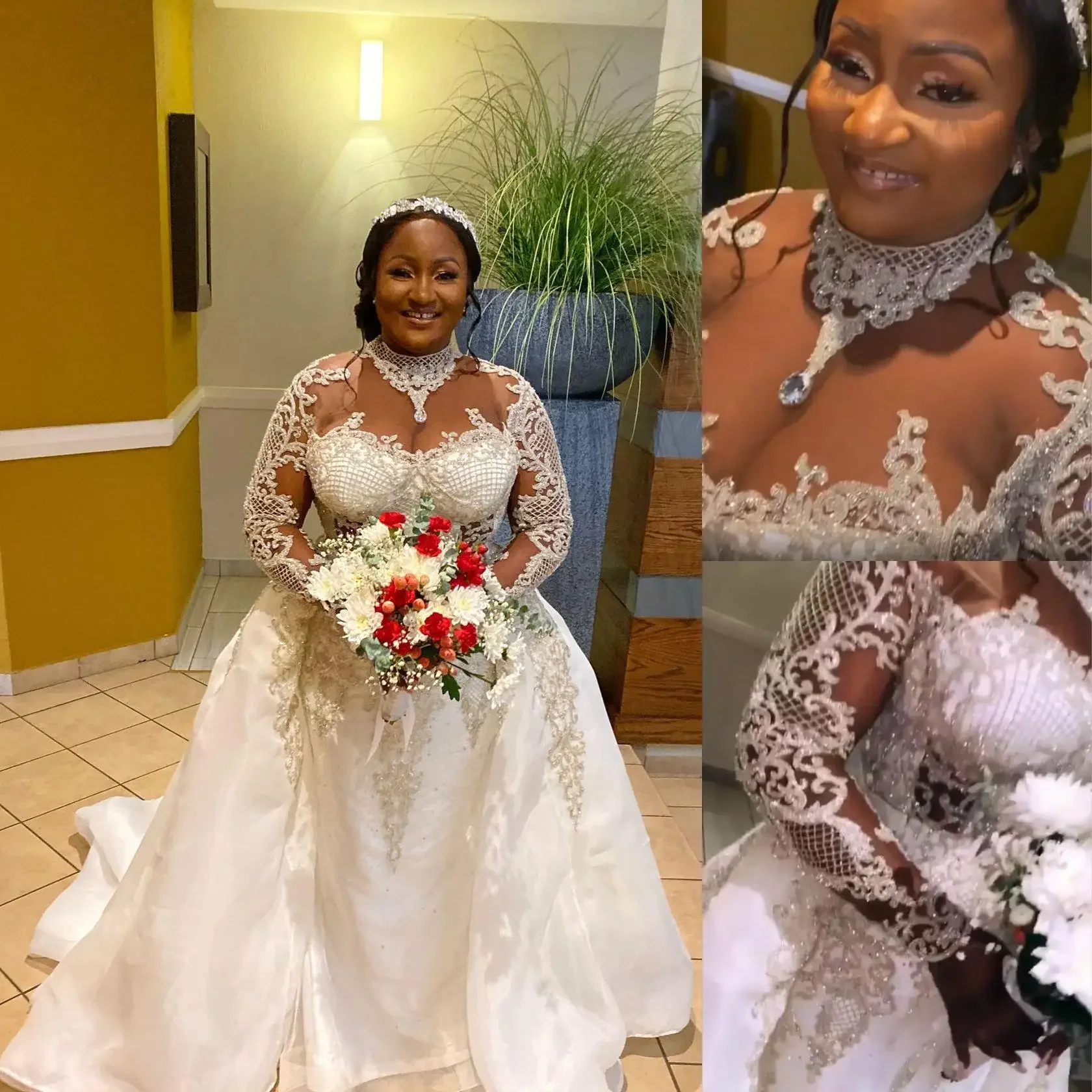 

Customized Plus Size Dresses High Neck Illusion Top Long Sleeves Lace Applique Overskirt Sweep Train Organza Wedding Bridal Gown