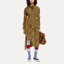 Women's Long Sleeve Leopard Print Dress, Irregular Cut, Bowknot Collar, Temperament Commuter, Fashion, Spring, New, Y2K, 2024