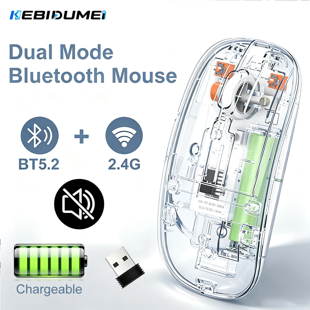 KEBIDUMEI Dual Mode Transparent Wireless Mouse Bluetooth5.2 2.4G Silent 1600DPI Rechargeable Mice for Laptop Mac Windows PC