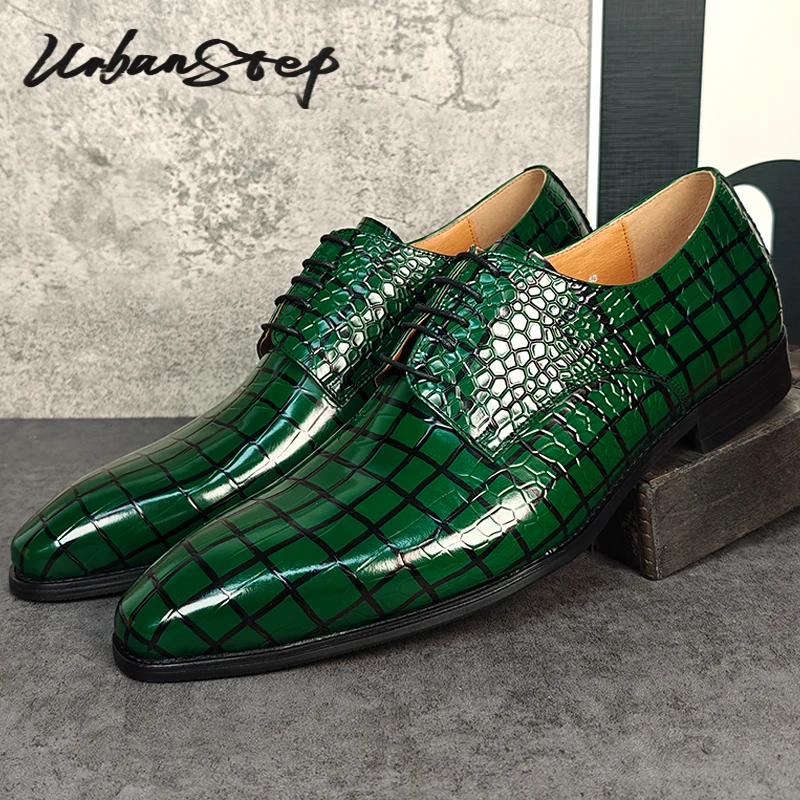 

Luxury Brand Men Shoes Red Green Blue Lace Up Pointed Toe Derby Oxfords Print Casual Mens Dress Wedding Party Leather Shoes Men