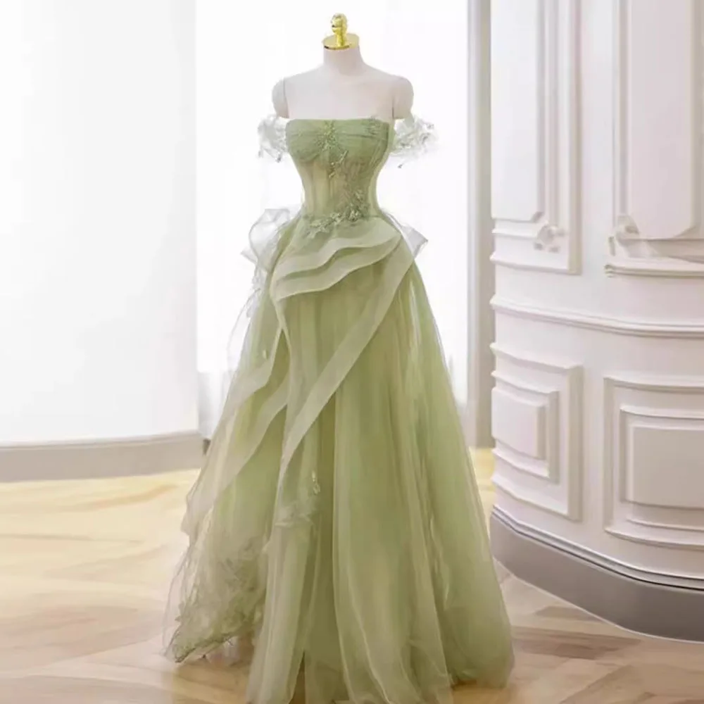 Elegant Light Green Evening Dress Light Luxury Women Off The Shoulder Layered Pleated Prom Gown Appliques Floor Length Vestido