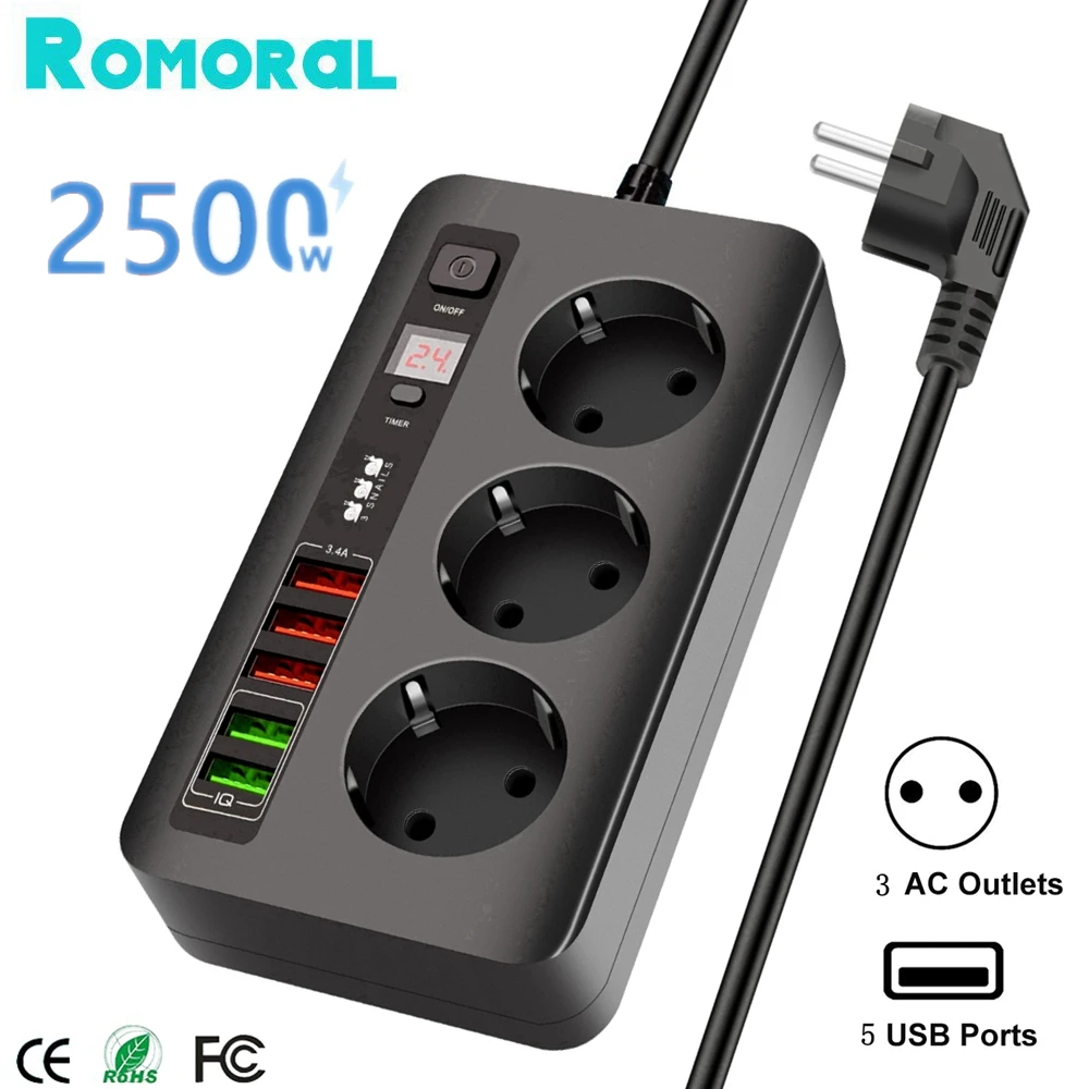 

2500w EU Plug Power Strip 3 JACK Outlets 5 USB Charging Ports Smart Timer Socket 2M Extension Cord for Home Office for PC TV