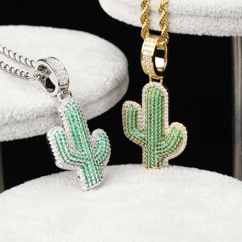 TOPGRILLZ Iced Out Cactus Pendant Necklace Newest AAA Green Cubic Zircon Men\'s Charms Necklace Fashion Plant Hip Hop Jewelry