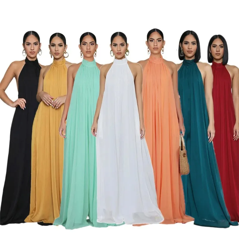 

2025 Women's Sexy Sleeveless Halter Jumpsuits Fashion Solid Chiffion Casual Wide Leg Pants Ladies Elegant Backless Party Rompers