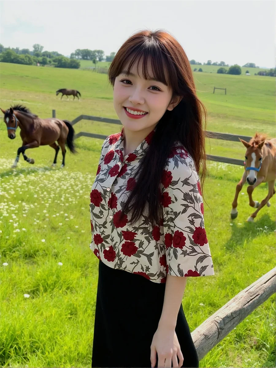 Eleganckie bluzki damskie z czerwonym kwiatowym nadrukiem, krótki rękaw, gładkie, koreańskie, oversize, białe, bawełniane, w paski, duży rozmiar, kobiece, jesienne.