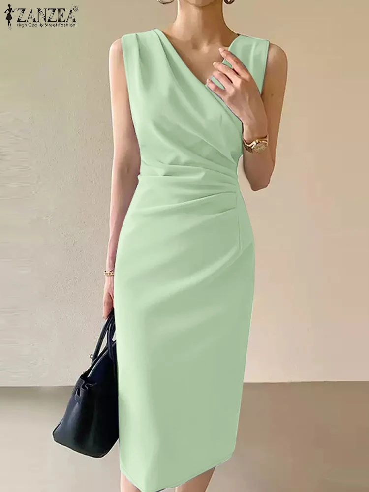 ZANZEA Elegant V Neck Sheath Dress Summer Women Sleeveless Slim Fit Party Vestido 2025 Fashion Work OL Pencil Dresses Back Split