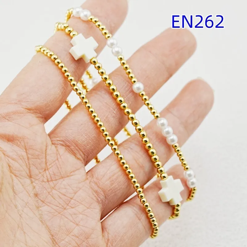 

VKVVA 3pcs Gold-plated Metal Beaded Bracelet Set for Women, Faux Pearl White Cross Charm Stackable Layered Bracelets
