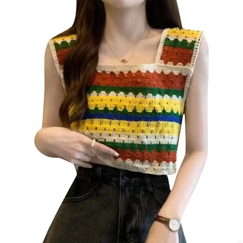 40GC Lacy Necklines Jokers Vests Colorful Hollows Cropped Colorful Square Neck Tops