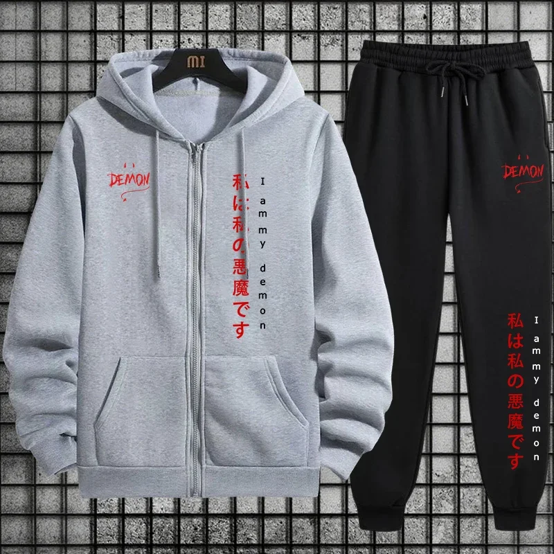 

Demon Print Tracksuit Hoodie and Sweatpants Fall Winter Urban Fashion Zipper Outerwear Sets Men Women Daily Casual Sports Outfit
