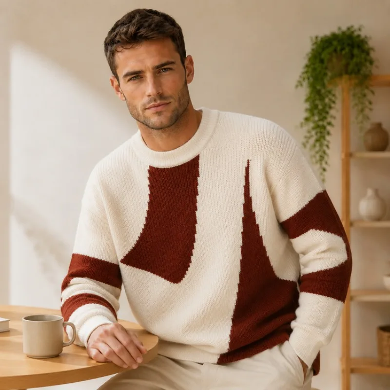 Bold Asymmetric Color Block Sweater – Contrast Black & Cream Striped Knit, Dropped Shoulders, Relaxed Fit for Men (M-4XL)