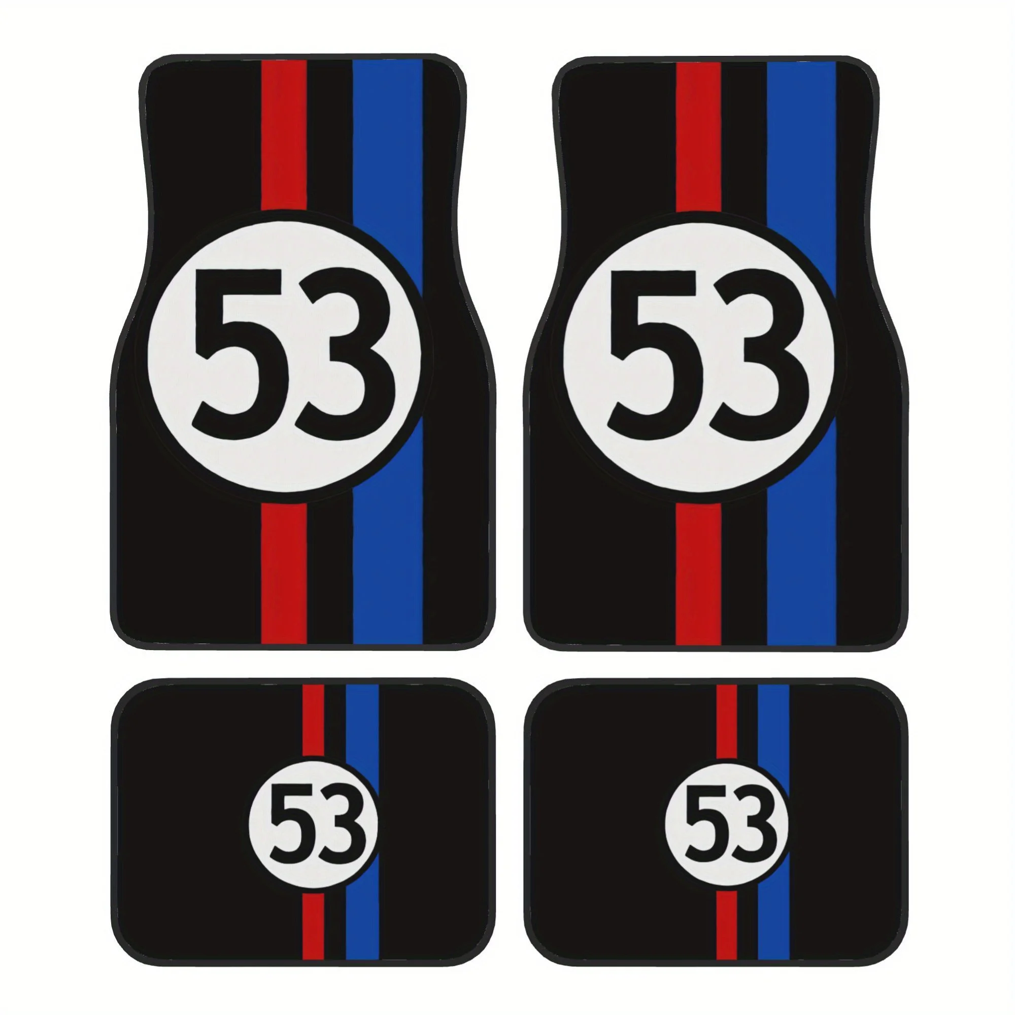 4pcs Herbie Car Floor Mats - Playful Red & Blue Stripes & White Circle Logo Design, Durable Polyester, Fit For All Vehicles, Eas
