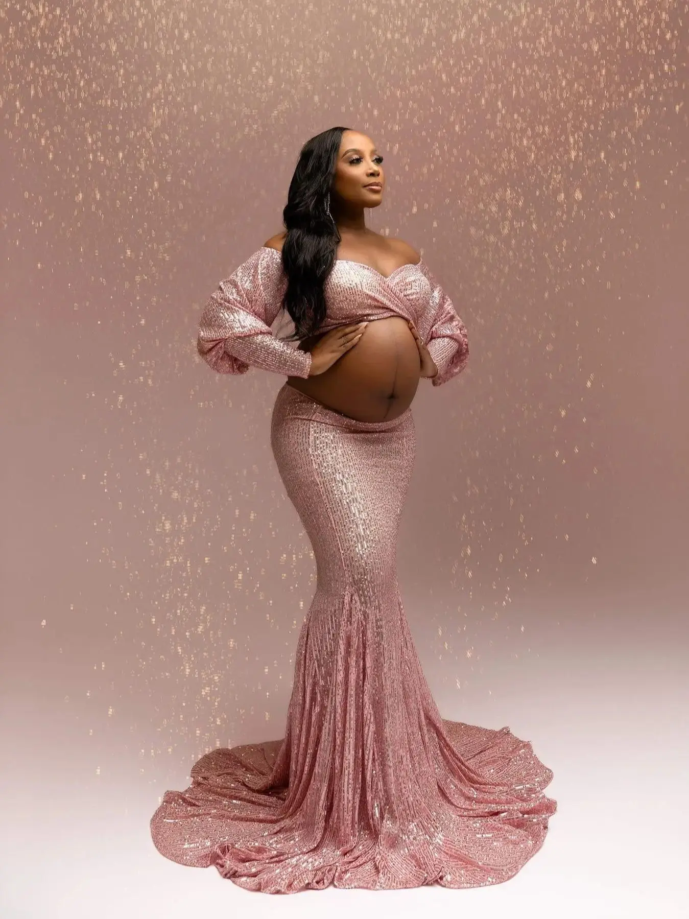 

Pink Sequins Prom Dresses Women Long Sleeves 2 Pcs Maternity Baby Shower Dress Shiny Vestido de Novia Customized