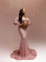 Pink Sequins Prom Dresses Women Long Sleeves 2 Pcs Photography Props Maternity Baby Shower Dress Shiny Vestido de Novia