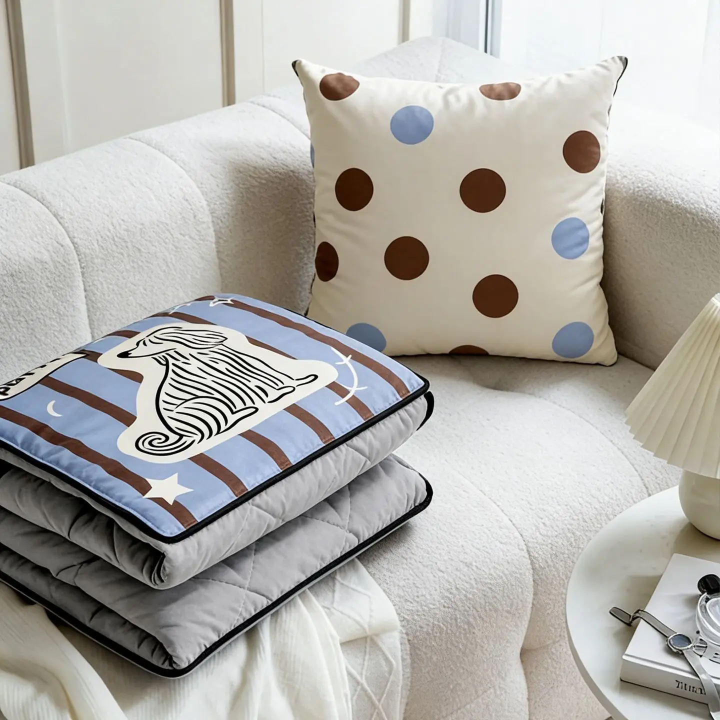 Cute Dog Pattern Striped Pillow Blanket, Dual-use Foldable Soft Velvet Cushion for Home Sofa Bed, Portable Warm Throw Adults