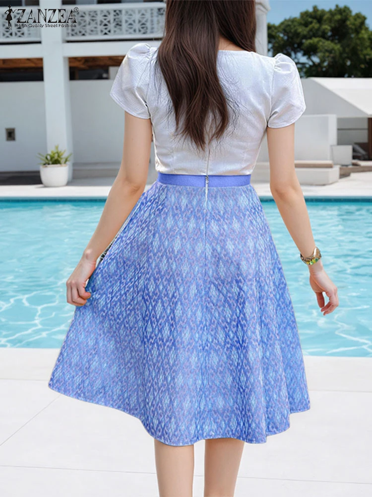 Femmes élégantes robes 2025 ZANZEA élégant une ligne Robe imprimée mode fête Robe d'été pétale manches Midi Robe Patchwork robes