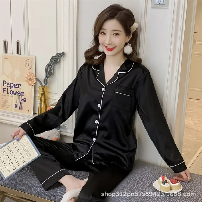 Women Pajamas Solid Color Long-Sleeve Ice Silk Autumn Girl Student Korean Style Casual Cardigan Homewear Long-Sleeve Set Pajamas