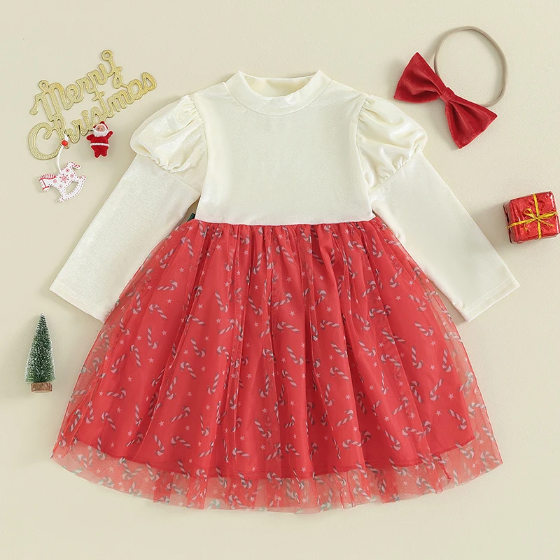 Children s Christmas Dress Toddler Velvet Long Sleeve Round Neck Tulle Mini Dress Headband Adorable A Line Dress with Long