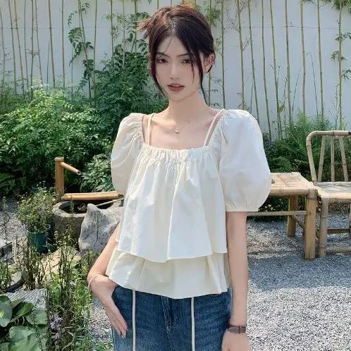 Women Solid Shirt Sweet Chic Puff Short Sleeve Female Blouse Korean Summer New Square Collar Loose All Match Ladies Crop Tops