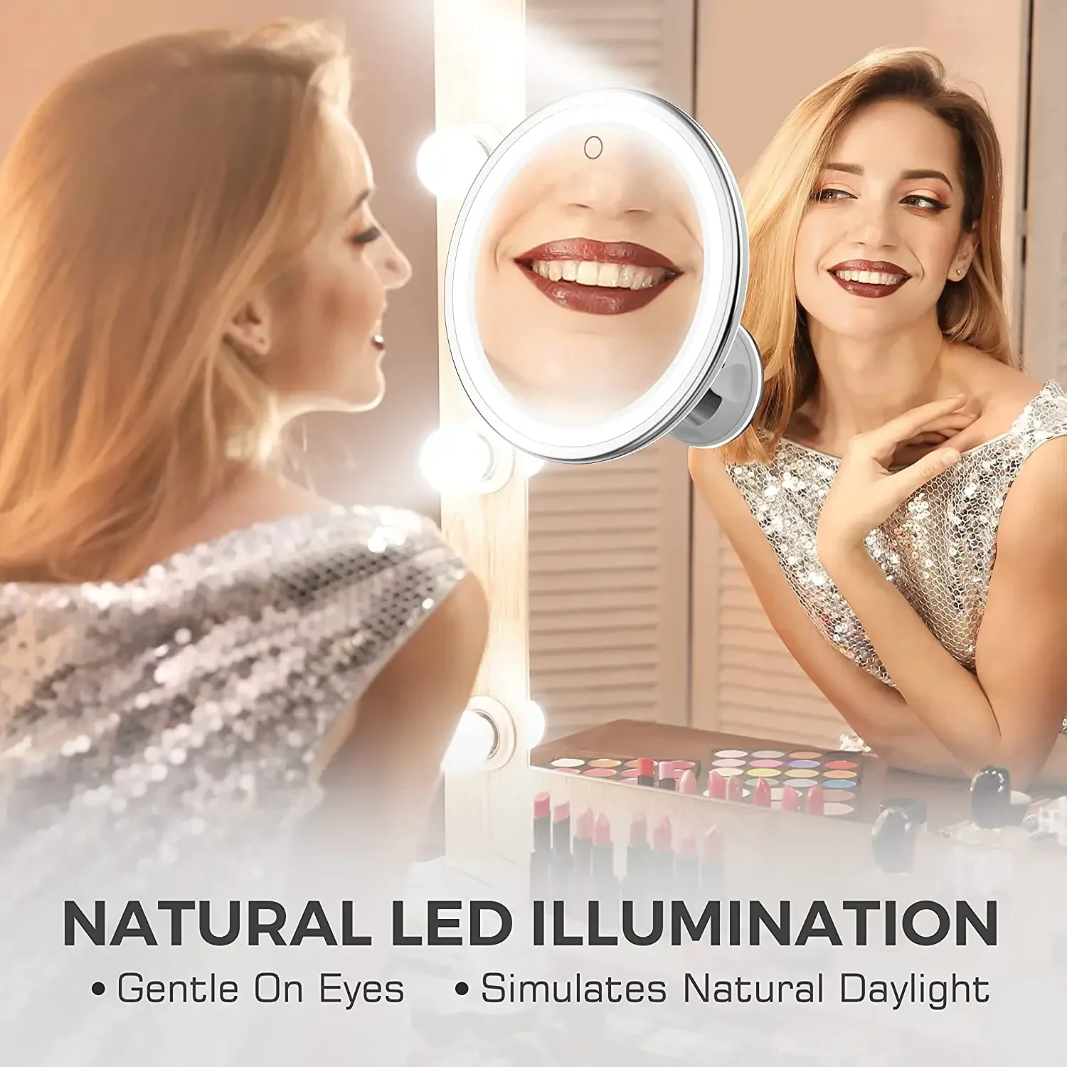 Portable Flexible Makeup Mirror with 10x Magnifying Glass and Suction Cup - LED Lighting Included mirror