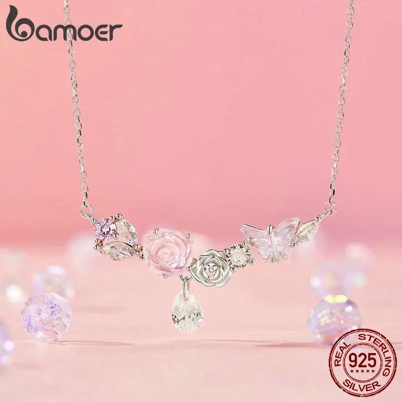 Bamoer 925 Sterling Silver Romantic Flower Necklace Fantasy Butterfly Neck Chain for Women  Valentine\'s Day Fine Jewelry Gift