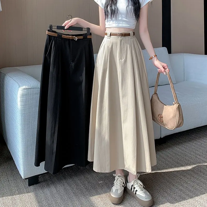 

Qiukichonson Mid Long Skirts Womens Washed Cotton Skirt 2025 Spring Korean Casual High Waist Ruffle Pleated Skirts With Belt