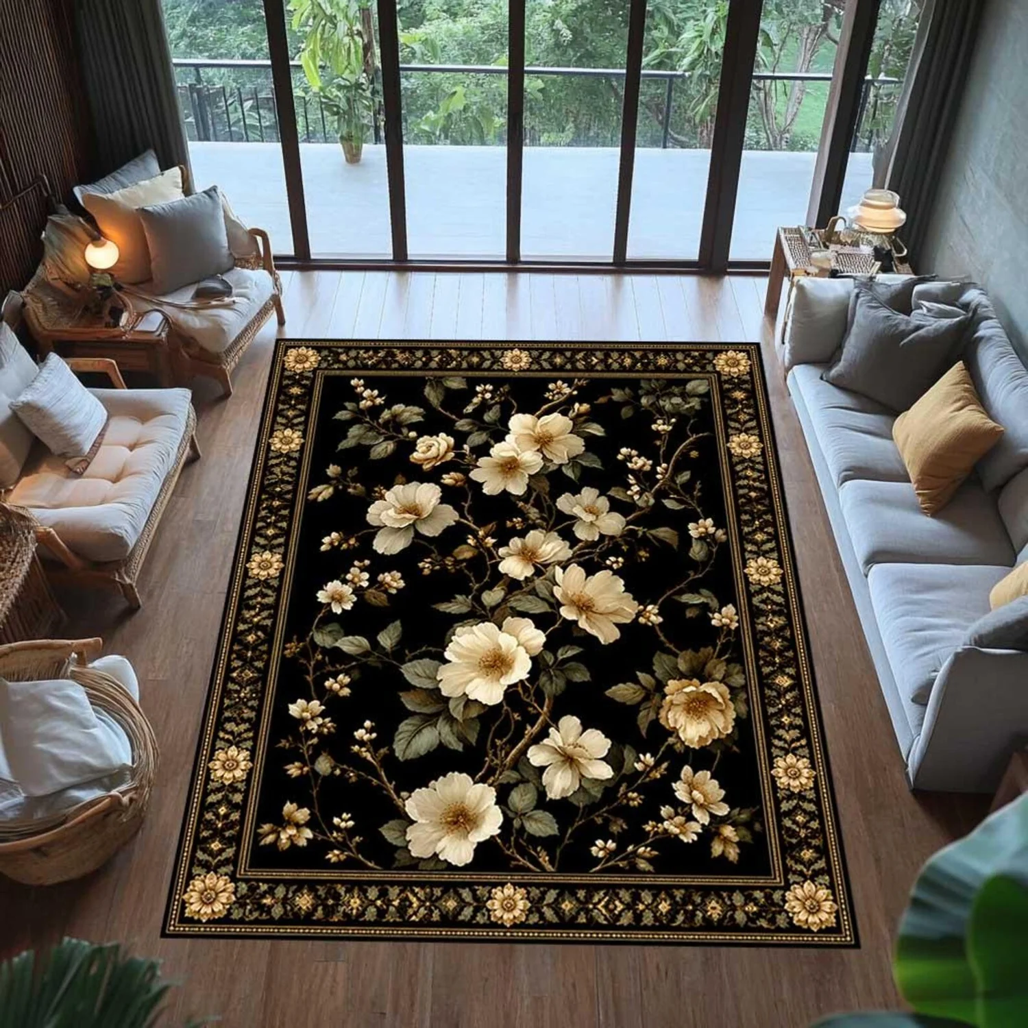Dark-Colored Plant-Themed Carpet, Vintage Floral Carpet, Suitable for Country Cottage Home Decor.