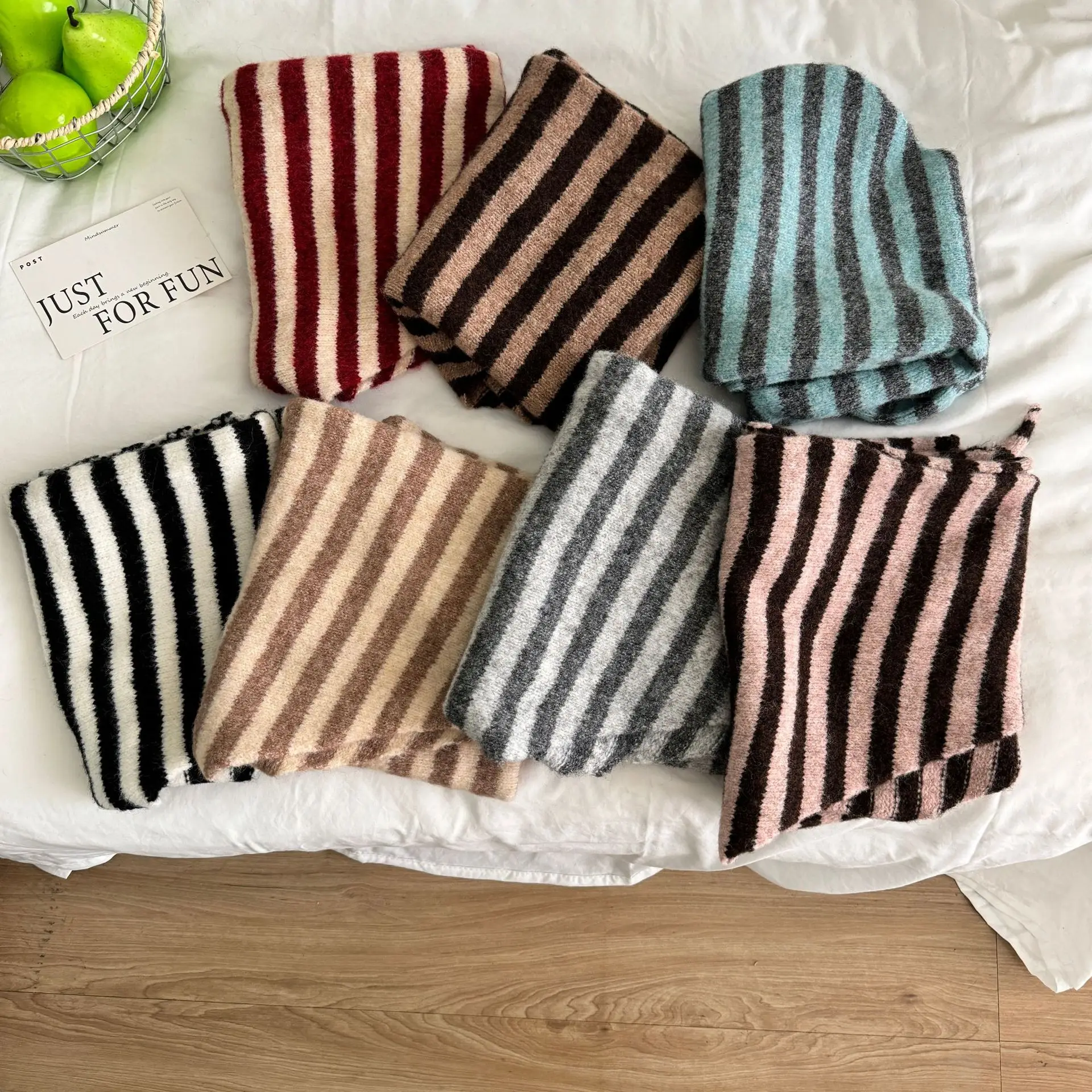 Women Fashion Newin Triangle Shawl Wool Blend Knitted Striped Scarf Autumn Winter Outer Waistcoat Warm Neck Wraps Big Size