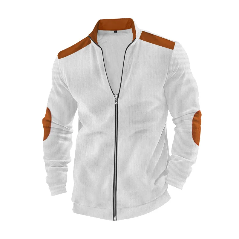 Ribbed Zip Up Jacket Men White Stand Collar with Brown Patches Casual Top Autumn Winter New Fashion 2026
