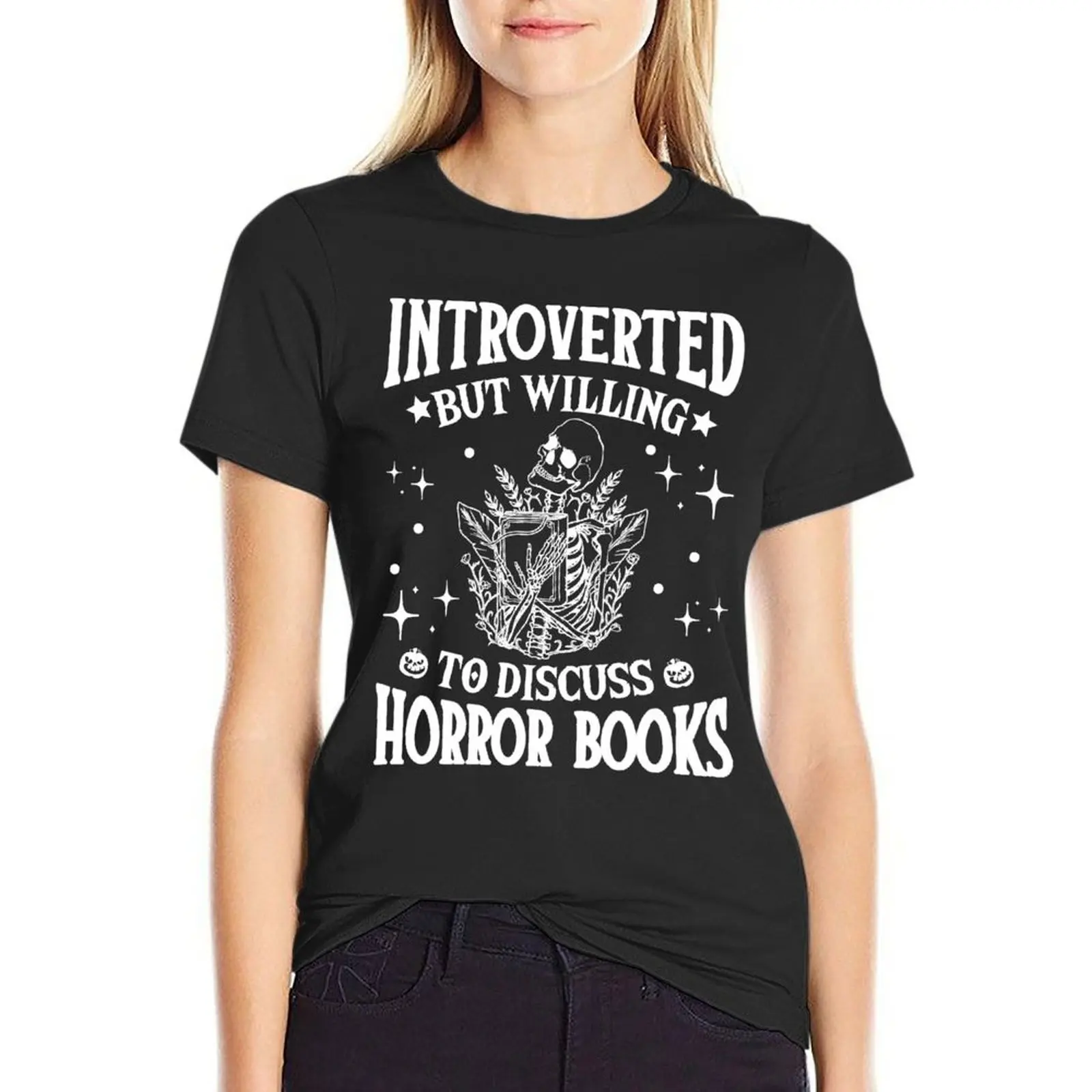 

Introverted But Willing to discuss Horror books / Skeleton Love Reading Books / Book Love Shirt / Halloween Books Shirt T-Shirt