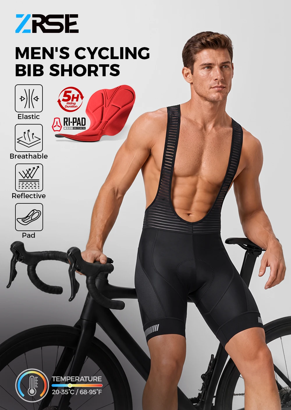 ZRSE Herren-Radhose mit Trägern, 5H-Polsterung, reflektierenden Streifen, hochelastisch, atmungsaktiver Netzstoff am Rücken, feuchtigkeitsableitend, mit Tasche, für Straßen- und Mountainbike. – Detail 1
