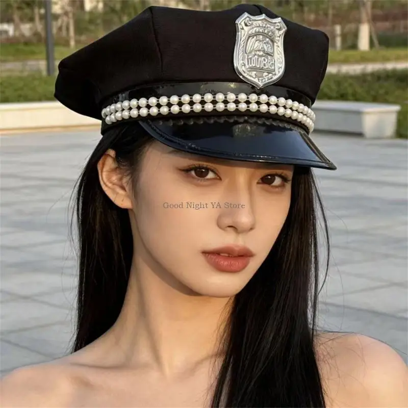  Marine Hat Waterproof PU Fabric Pearls Decors Top Cap For Women Outdoor Activity