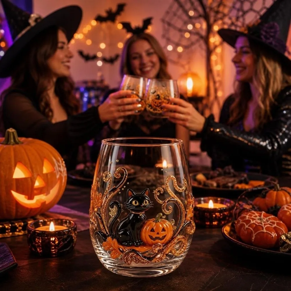 Unique 2D Print Tentacle Halloween Glass Skull Ghost Spider Cat Drinking Wine Cup Flower 400ml Clear Stemmed Cup Wine