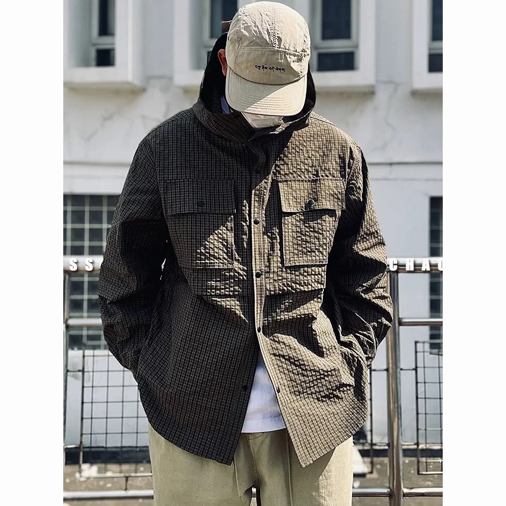 Men Cityboy Japanese Streetwear Outdoor Fashion Plaid Loose Casual Long Sleeve Hooded Cargo Shirts Man Oversized Shirt Coat