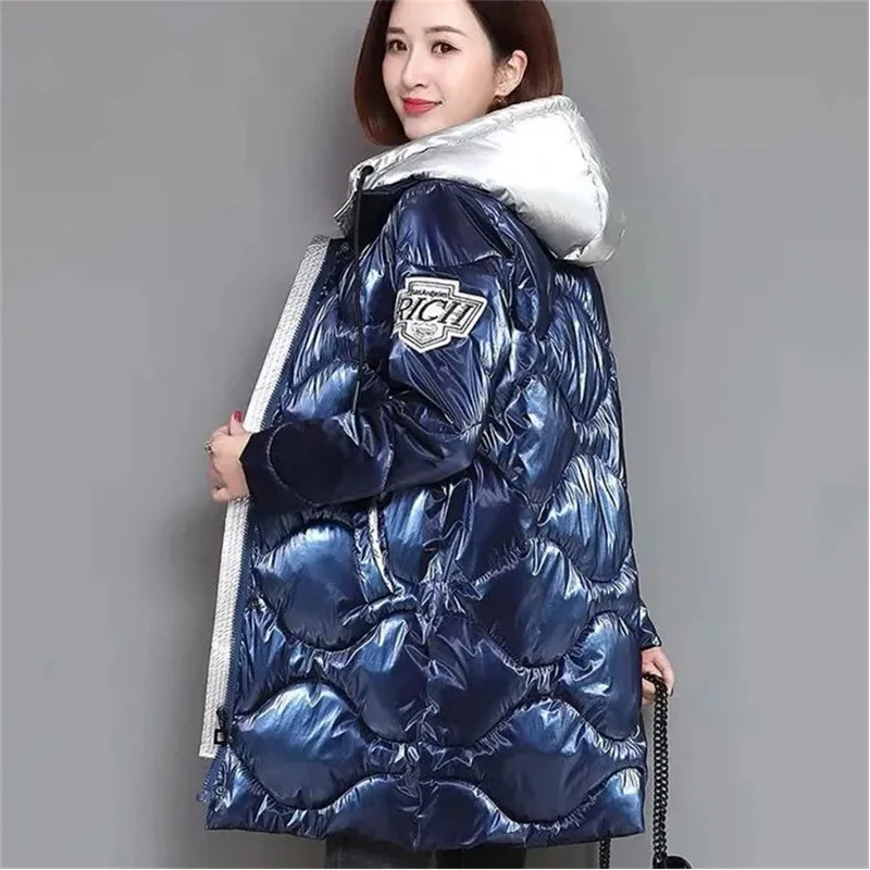 Winter Spliced Glossy Down cotton Jacket Women\'s Clothing 2024 Winter Female New Thicken Parka Warm Loose Hooded cotton Coats