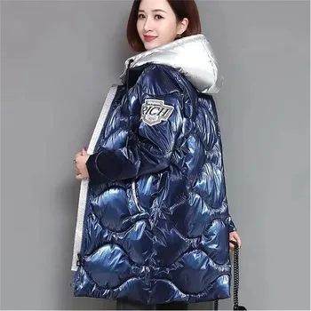 Doudoune en coton brillant épissé pour femmes, Parka épaisse, Chaud, Combinaison à capuche, Vêtements pour femmes, Hiver, Nouveau, 2024