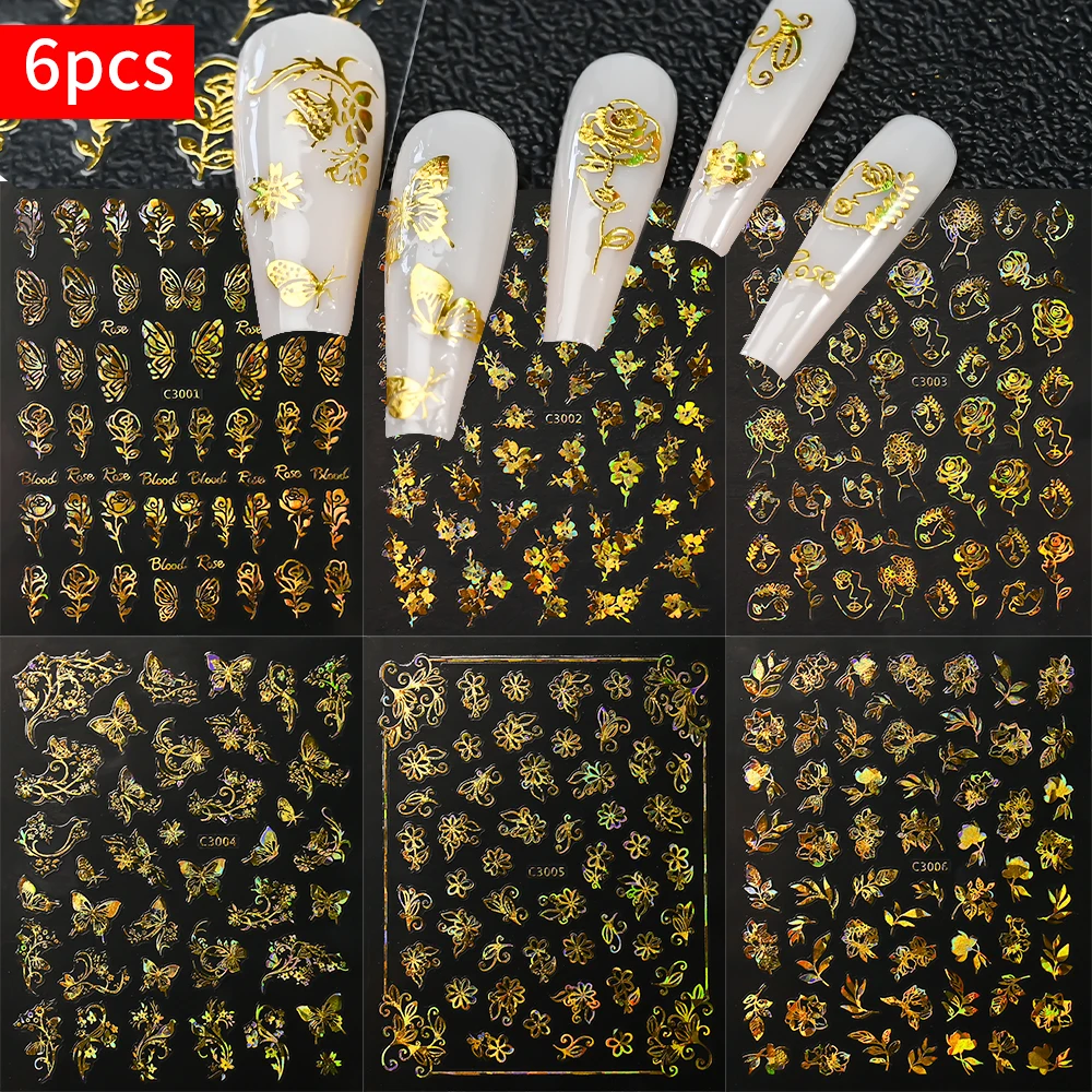 6/4pcs Gold Leaf 3D Nail Stickers 3D Petal Leaves Butterfly Charms Spring Summer Slider Y2K Bronzing Decals Manicure Decoration