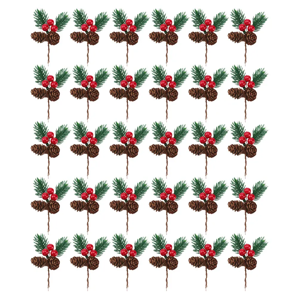 

30Pcs Artificial Pine Branches with Red Berries Christmas Decorations Realistic Faux Green Pine Needles for Wreath Making DIY
