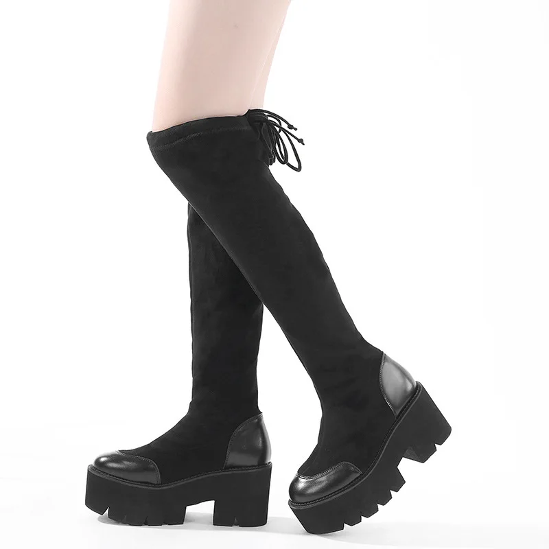 

Platform Over-the-Knee Boots Winter Women High Heel Boots Leather Flock Patchwork Long Elastic Women Black Socks Booties WSH4775