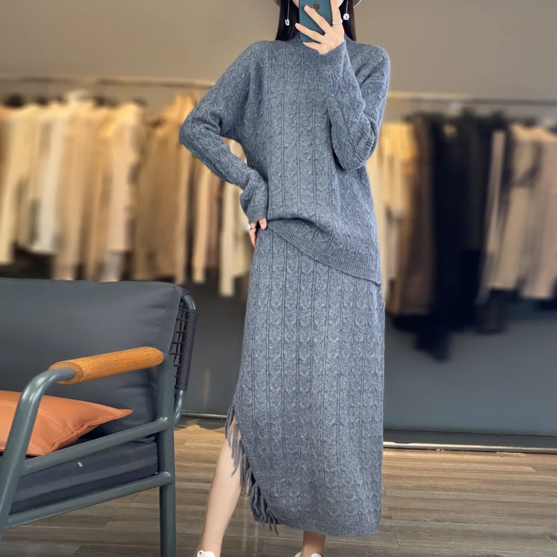 

100% Pure Wool Women'S Skirt Suit With Half-High Collar And Tassels Sweater And Skirt Two-Piece Set For Autumn And Winter