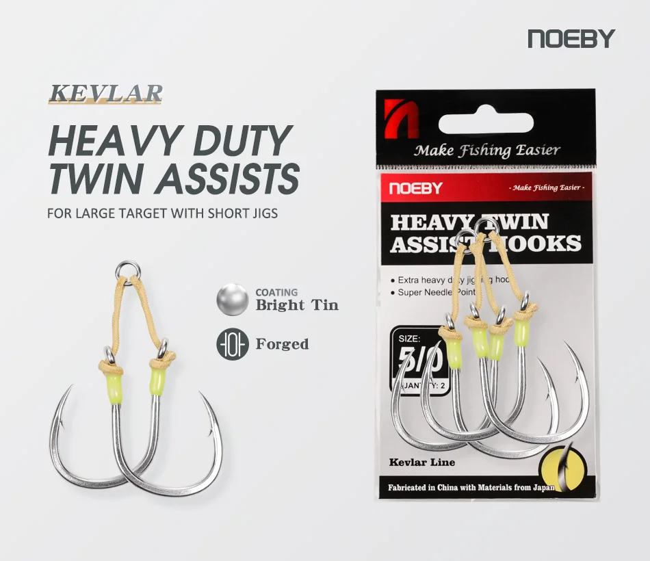 NOEBY Hochleistungs-Doppel-Assist-Haken 3/0-7/0 mit Kevlar-Assist-Schnur, 150 kg Tragkraft für Metall-Jigs und Offshore-Jigging – Detail 1