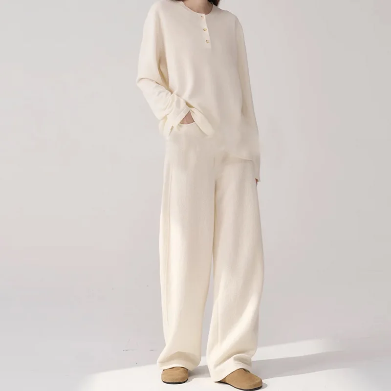 EAEOVNI Minimalistische effen kleur lange broek dames hoge taille casual losse wijde pijpen broek mode 2026 nieuwe kleding