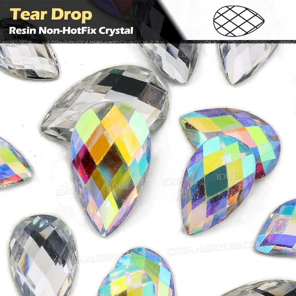 Clear AB Tear Drop Resin Rhinestones 4x6 5x8 6x10mm Water Drop Plastic Non Hot Fix Crystals Shape FlatBack DIY Nail Art Glitters