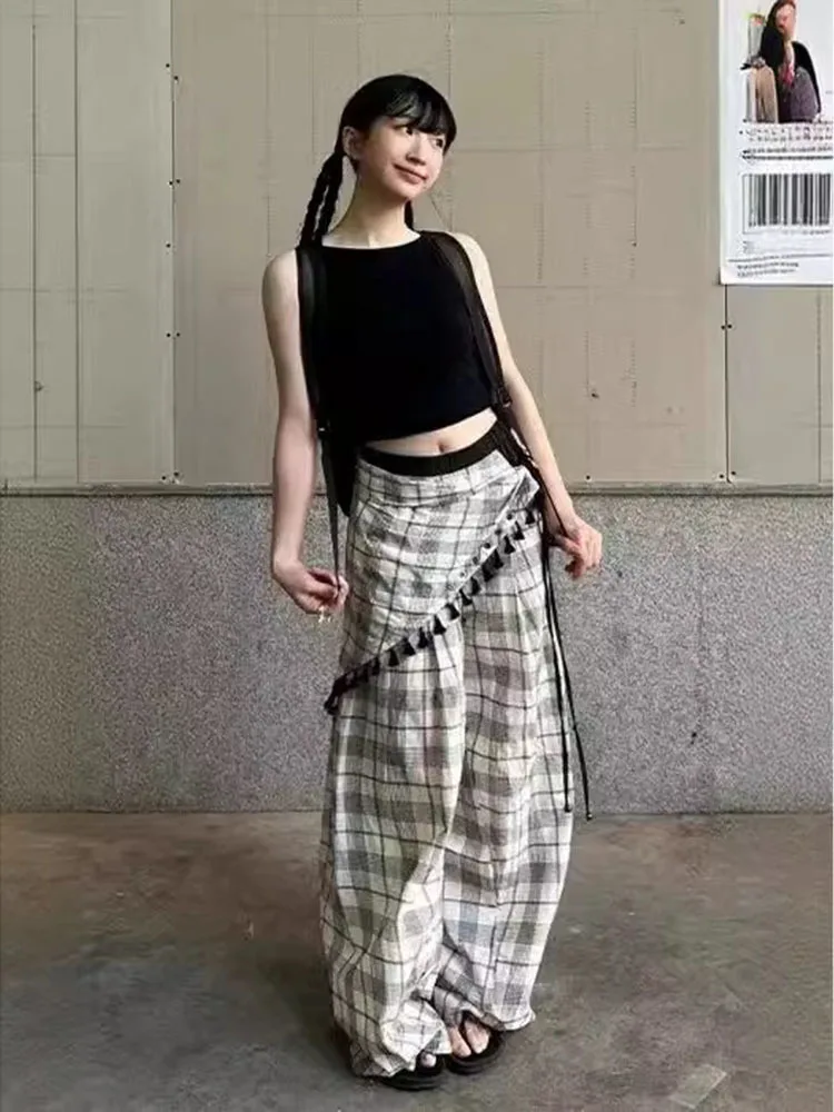 Women Pant 2024 Autumn Drawstring Elastic Waist Plaid Wide Leg Pants With Small Square Scarf Loose Long Trousers New