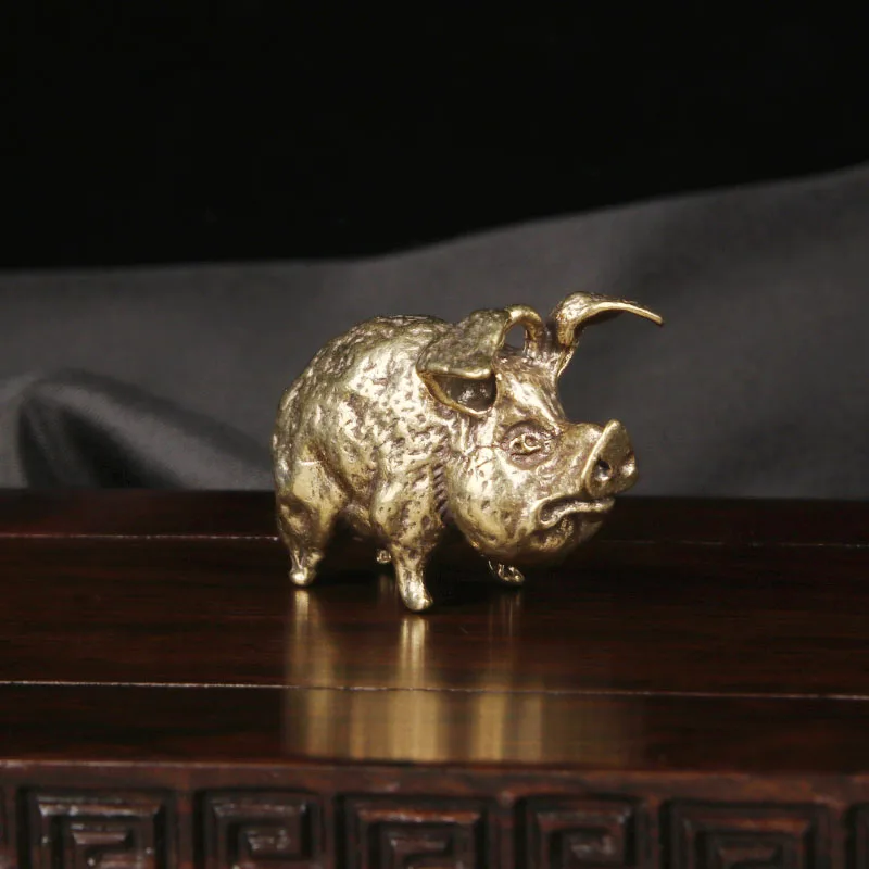 Vintage Brass Pig Tabletop Ornament Twelve Zodiac Animals Pig's Luck Bronze Carving Crafts Antique Bronze Ware Copper Crafts