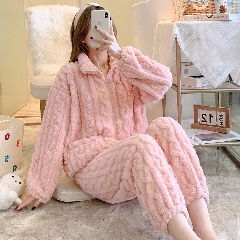 Autumn Winter Zipper Pajamas Set Women Loungewear Warm Sleepwear Home Suits Homewear Ladies Flannel Plush Lounge Sleep Wear