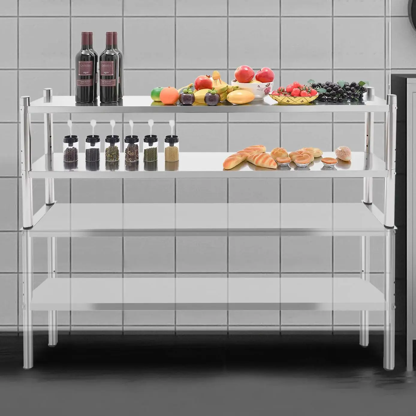 

Двухуровневая регулируемая полка для хранения из нержавеющей стали, нагрузка до 40 кг, усиленная, для хранения и демонстрации