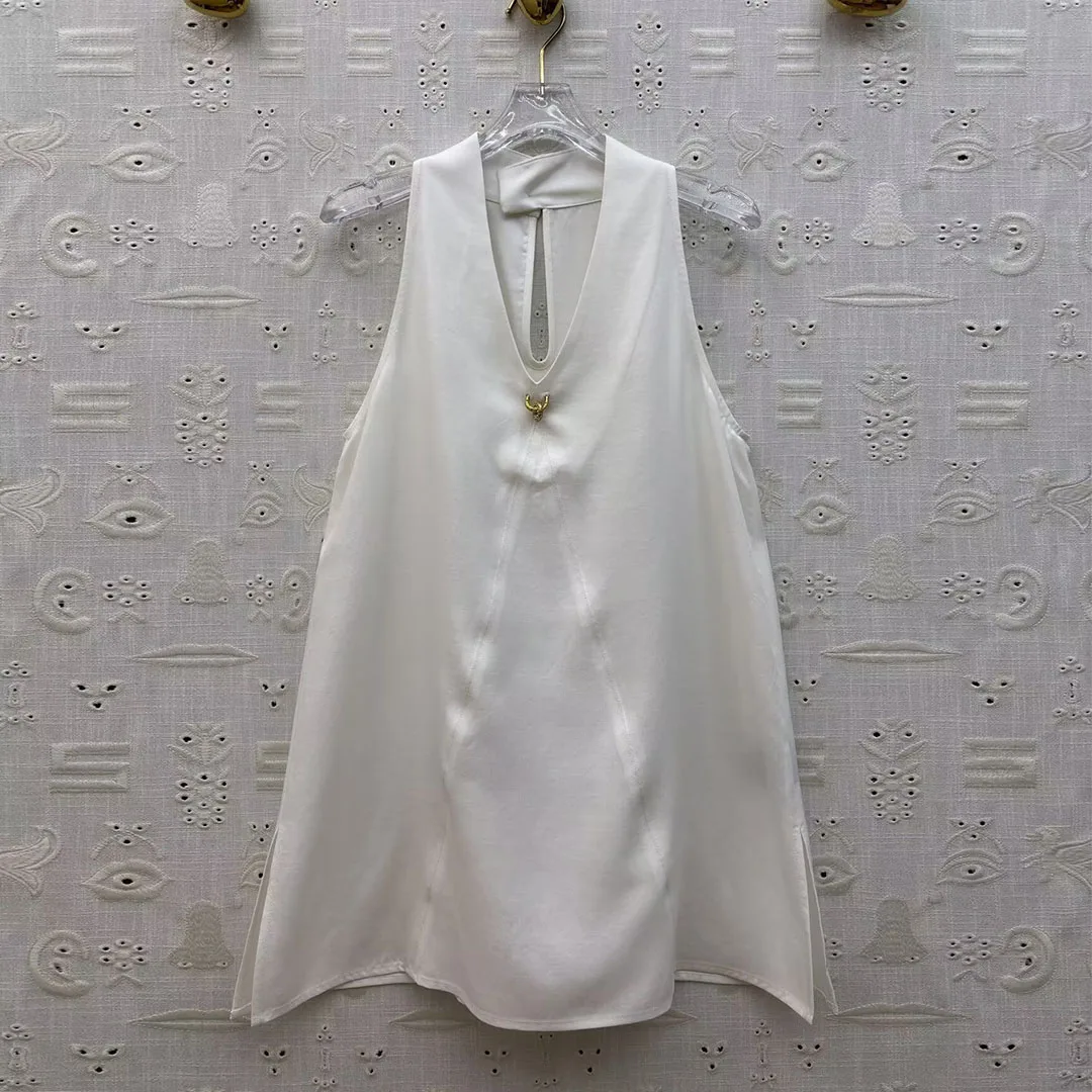 

Summer Elegant Fashion Loose A-line Long Tank Shirt Women V-neck Gold Button Decoration Solid Color Office Lady Vest Chic Blouse