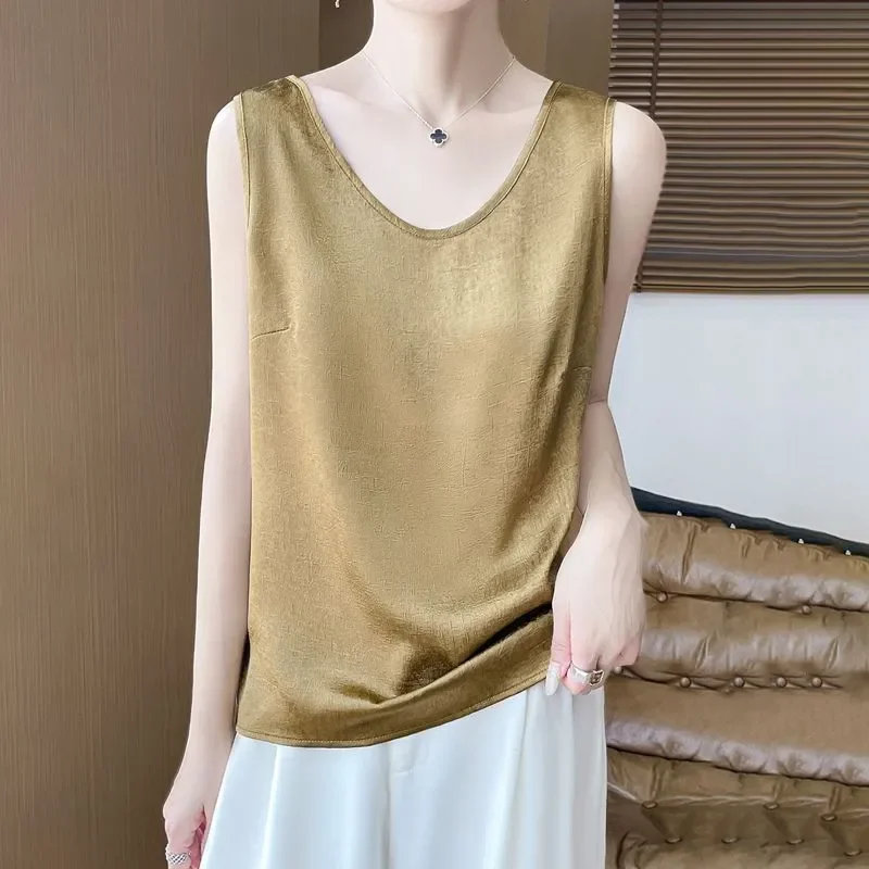 Brown Crinkled Silk Like Sleeveless Tank Top for Women Casual Summer Wear Loose Fit Regular Length Solid Color Basic Vest